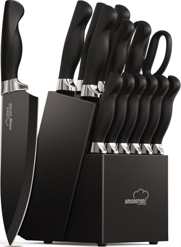 Knife Set, Amorston 15 Pieces Knife Sets for Kitchen with Block, Dishwasher Safe Kitchen Knife Set with Built in Sharpener Block, German Stainless Steel Knife Block Set, Blac